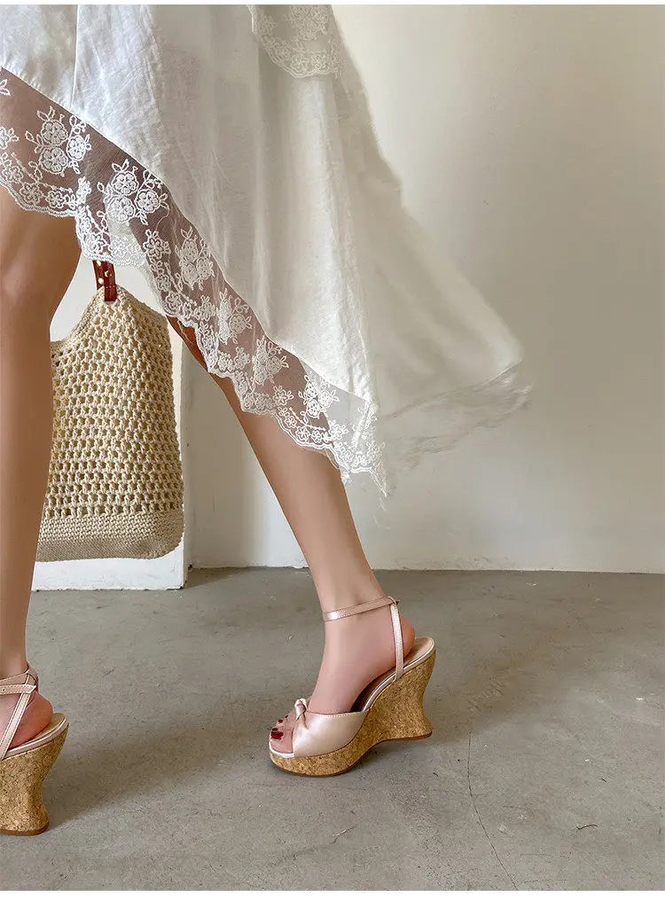 Summer Satin Peep Toe Slingback Wedge Platform Bow Sandals for Women