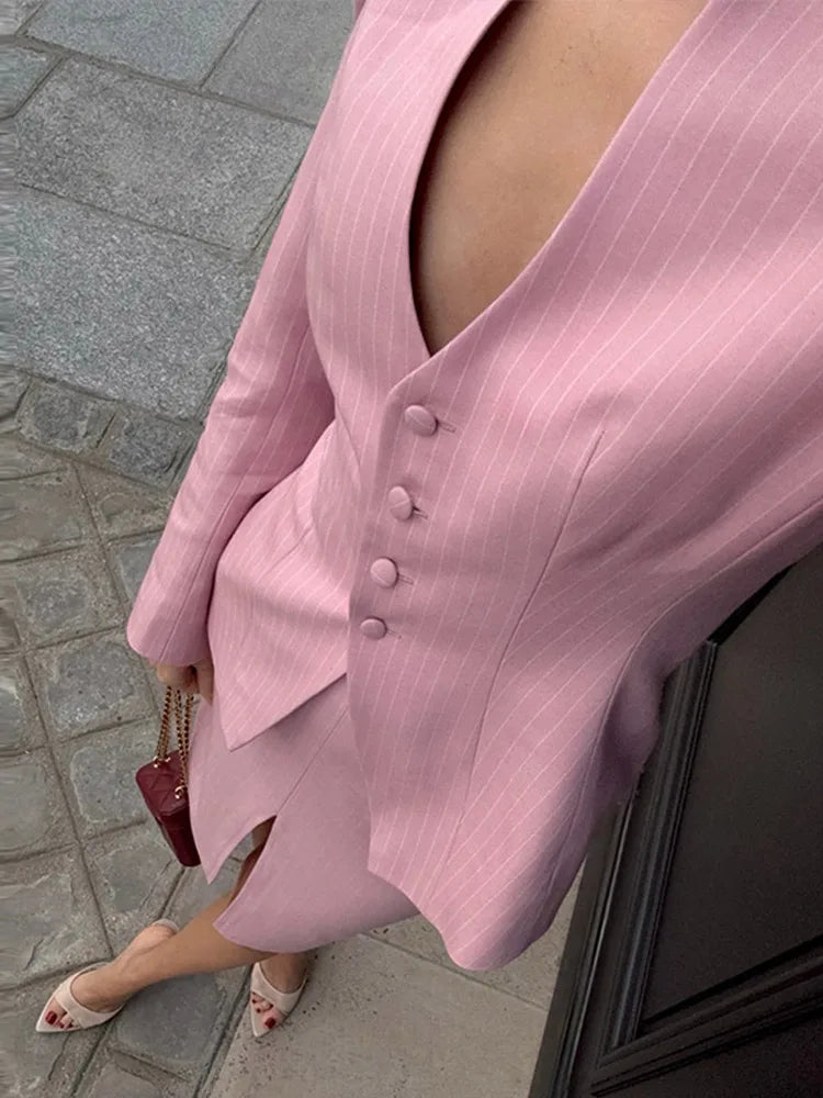 Elegant Striped V Neck Blazer Skirt Set With Long Sleeve Button Top for Women
