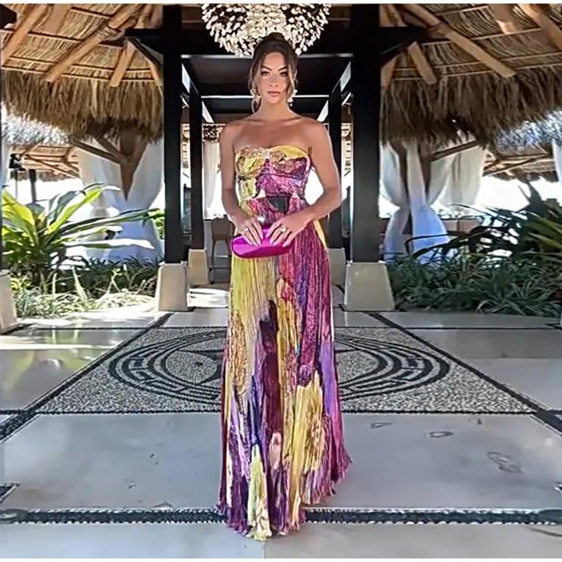 Elegant Floral Print Pleated Floor Length Dress For Women