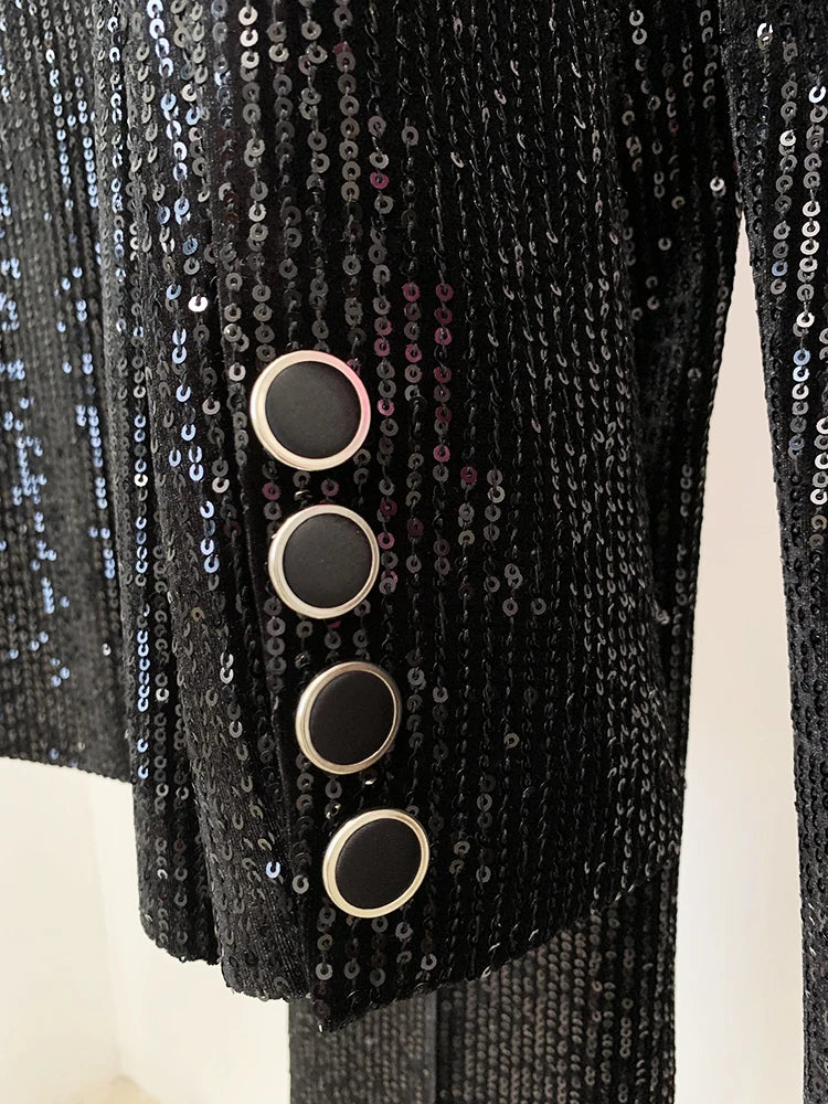 HIGH STREET 2024 Newest Designer Fashion Runway Suit Set Women's Slim Fit Glitter Sequined Velvet Blazer Flare Pants Set 2pcs