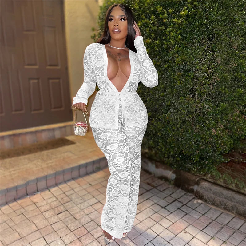 Sexy Lace Sheer Open Stitch Two Piece Set for Women