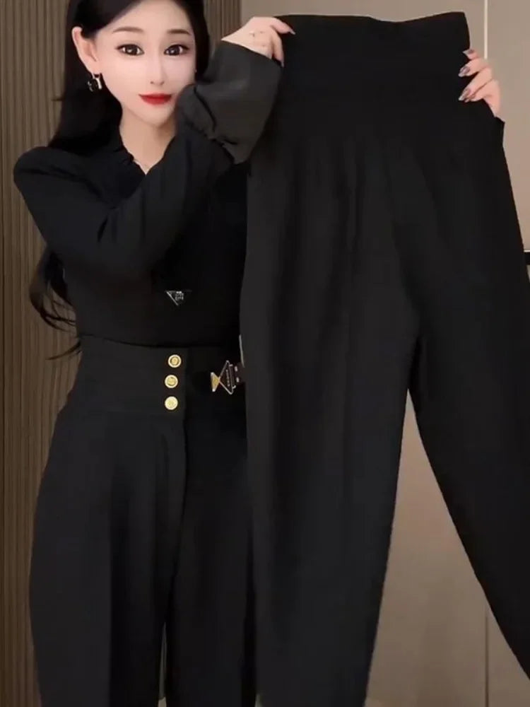 Woman Tailoring Trousers Autumn Winter High Waist Loose Harem Pants for Women Black Buttons Baggy Slacks Casual Nylon Cotton Xxl