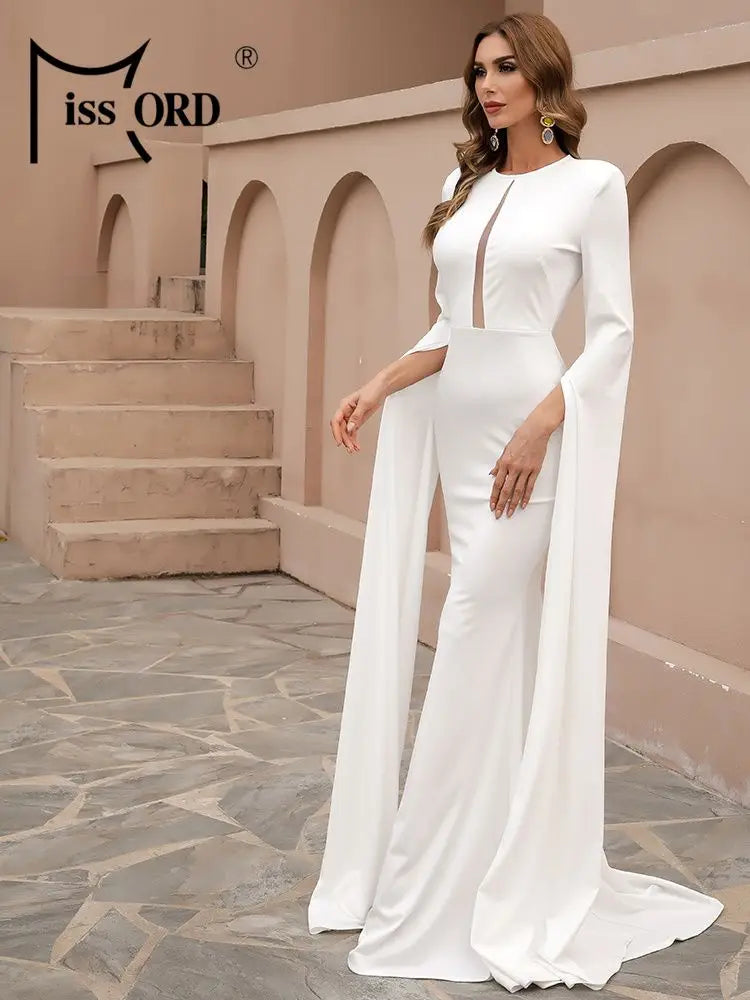 Missord Black Wedding Party Dresses Elegant Women Split Long Sleeve Hollow Out Bodycon Floor Length Evening Dress Lady Maxi Gown