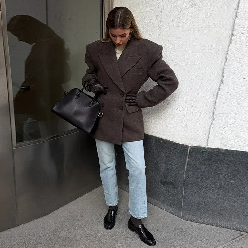 Elegant Woolen Slim Lapel Double Breasted Shoulder Padded Coat for Women