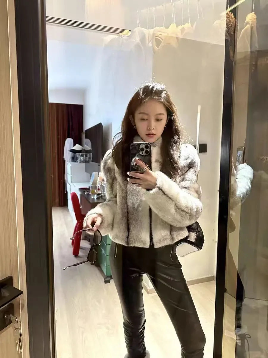 Faux Mink Fur Coat for Women,Short Jackets,O-Neck Overcoat,Female Clothes,High-Quality，England Style,Autumn,Winter,New