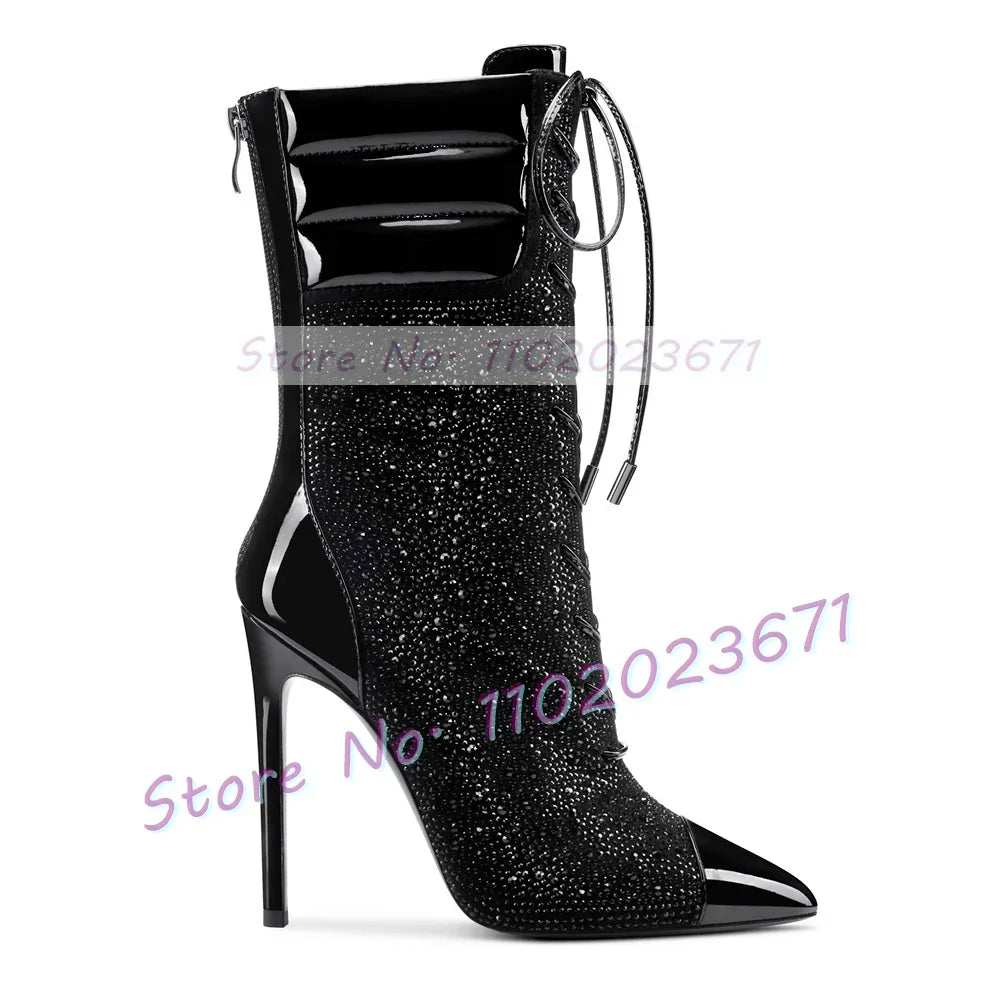 Crystal Paneled Patent Ankle Boots Women Fashion Cross Tied Pointy Toe High Heels Shoe Sexy Ladies Chocolate Brow Back-zip Boots