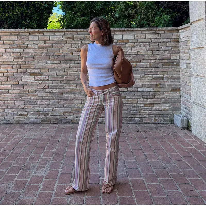 Color Block Rainbow Stripe Wide Leg Jeans for Women