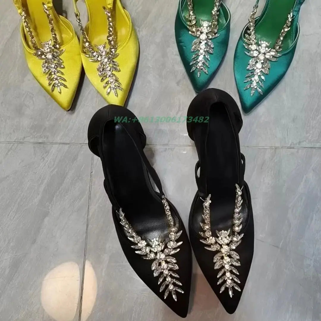 Satin Rhinestone Pointed Toe Stiletto Pumps For Women