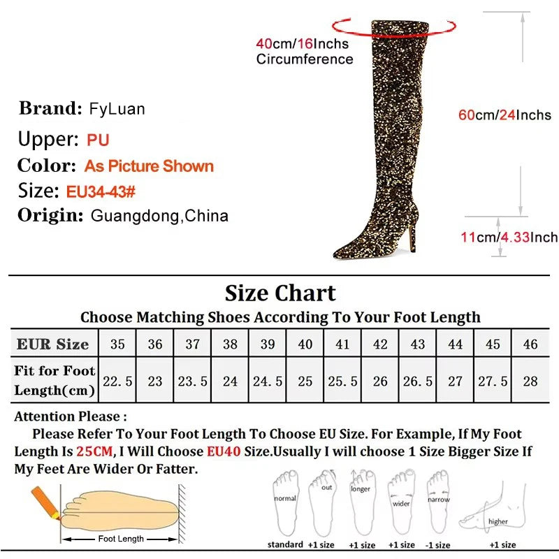 Sequin Pointed Toe Over The Knee Stiletto Boots For Women With Rear Zipper