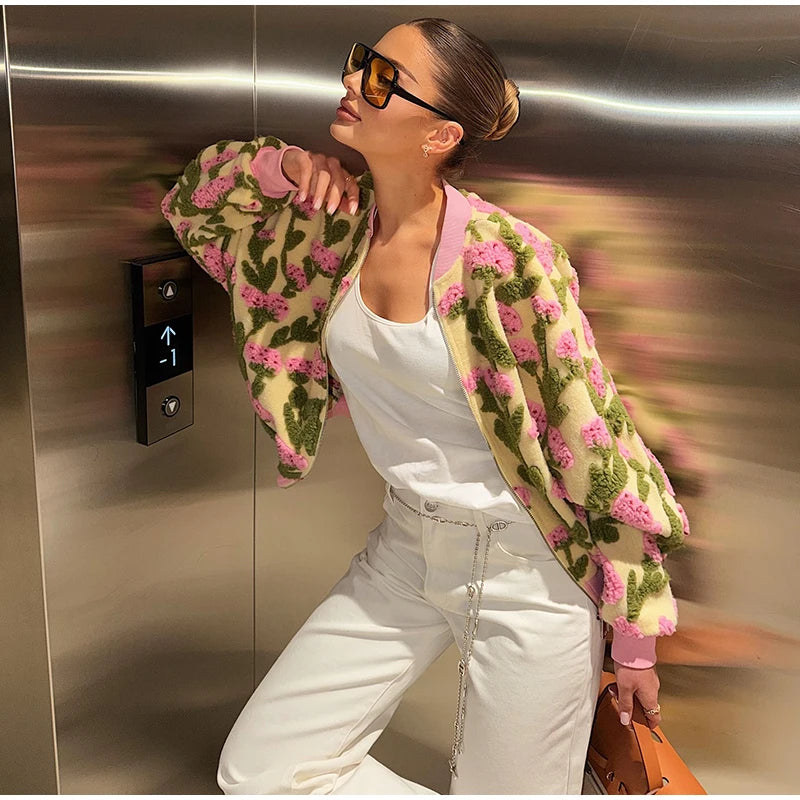 Casual Floral Print Bomber Jacket With Collar For Women