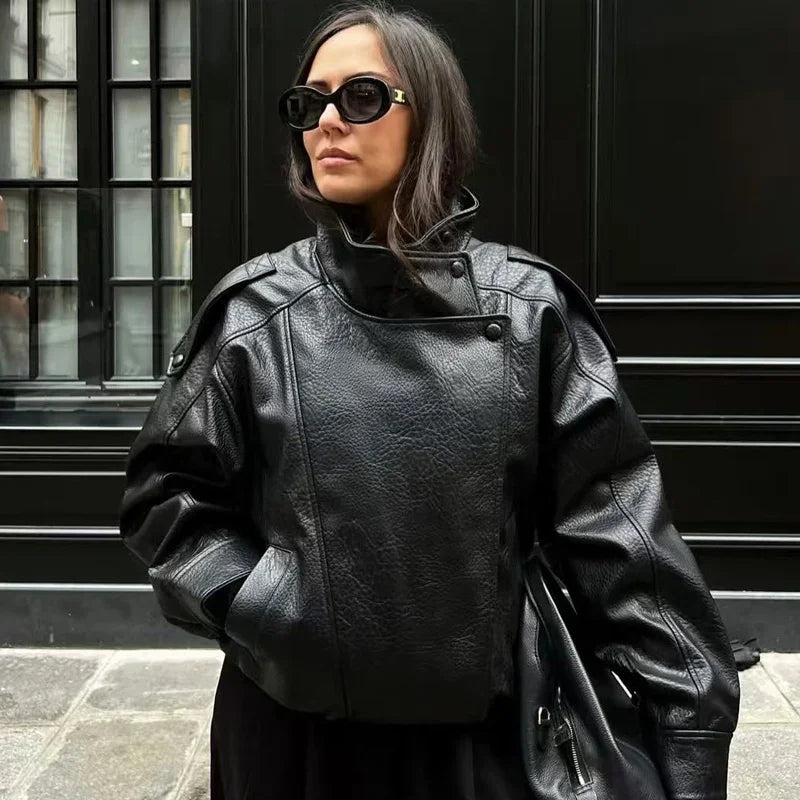 Cropped Oversized Black Leather Bomber Jacket for Women