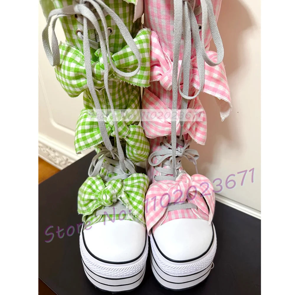 Bowknots Thick-sole Long Canvas Shoes Women Trendy Round Toe Cool Plaid Shoes Girl's Lolita Sweet Lace-up Platform Tall Boots