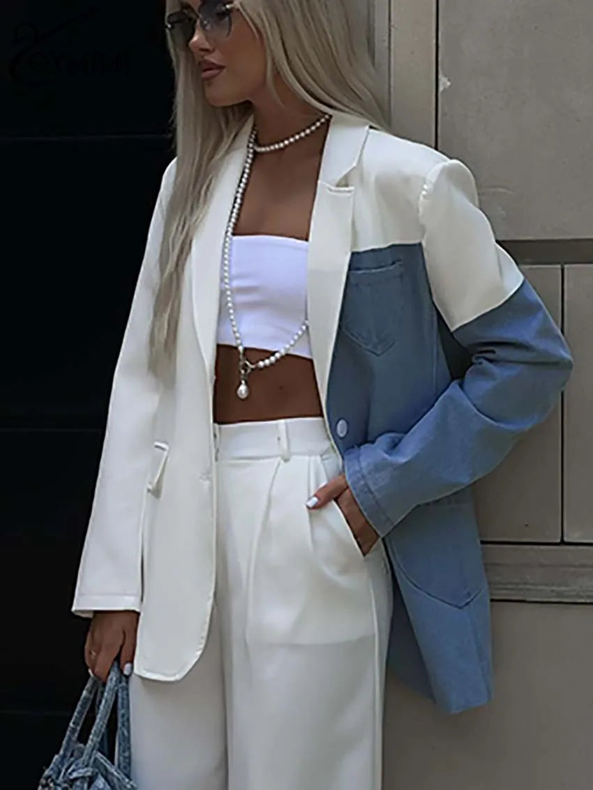 Oymimi Fashion White Denim Women 2 Piece Set Outfit Elegant Patchwork Long Sleeve Button Shirts And Simple Straight Trousers Set