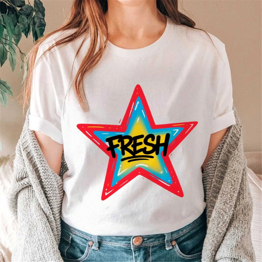 Graffiti Style FRESH Colorful Star Graphic Tee Casual White T-Shirt with Vibrant Gradient Star Design for Trendy Urban Fashion
