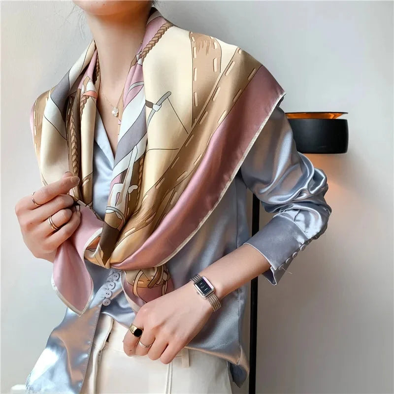 Elegant Art Gallery Style 100% Pure Silk Scarves For Women Soft Thin Striped Mulberry Silk Square Scarf Versatile For Spring Sum