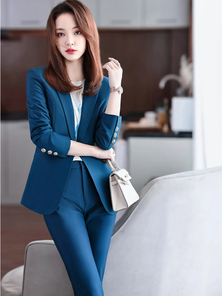 Women Blue Navy Black Formal Blazer Pant Suit Female Solid Jacket and Trouser 2 Piece Set For Office Ladies Winter Work Wear
