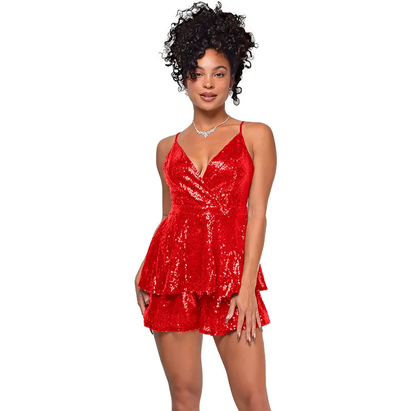 Glitter Sequin Spaghetti Strap Deep V Ruffle Romper for Women