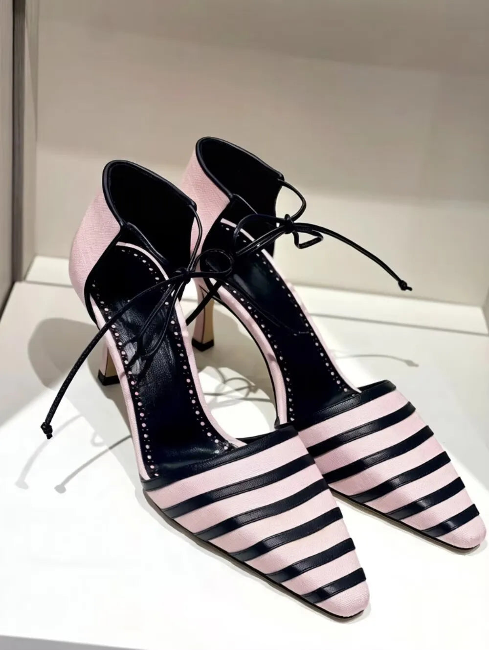 Light Pink Striped Pointed Toe Pumps
