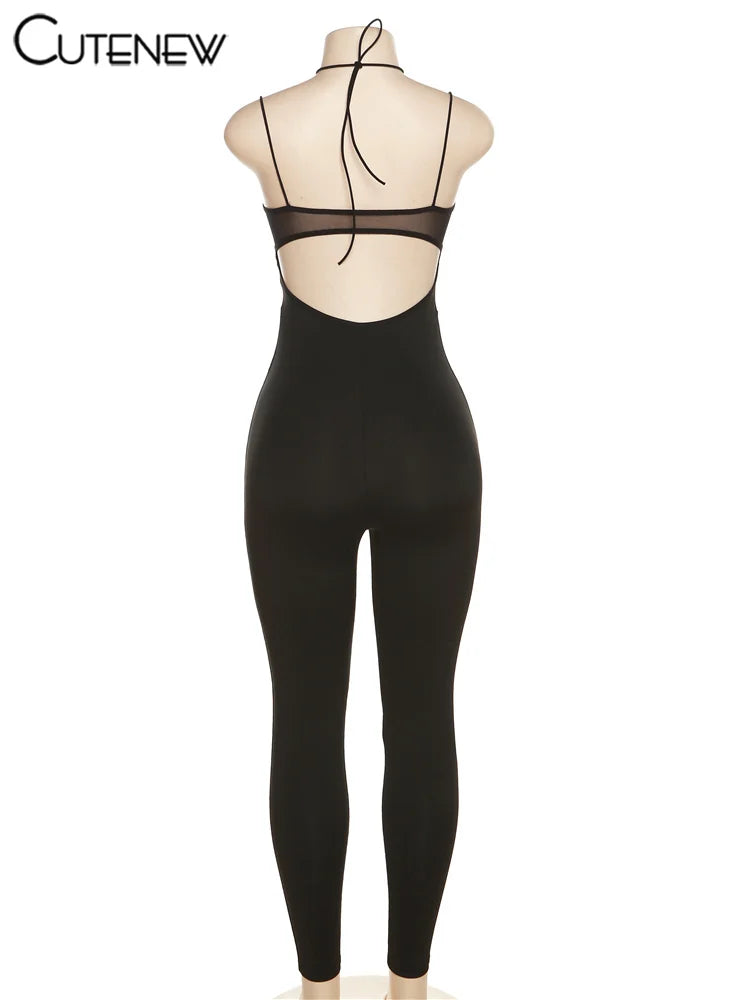 Cutenew Women's Solid Mesh Casual Jumpsuit Spaghetti Strap Body-shaping Romper Overall Female One-piece Pants Fashion Streetwear