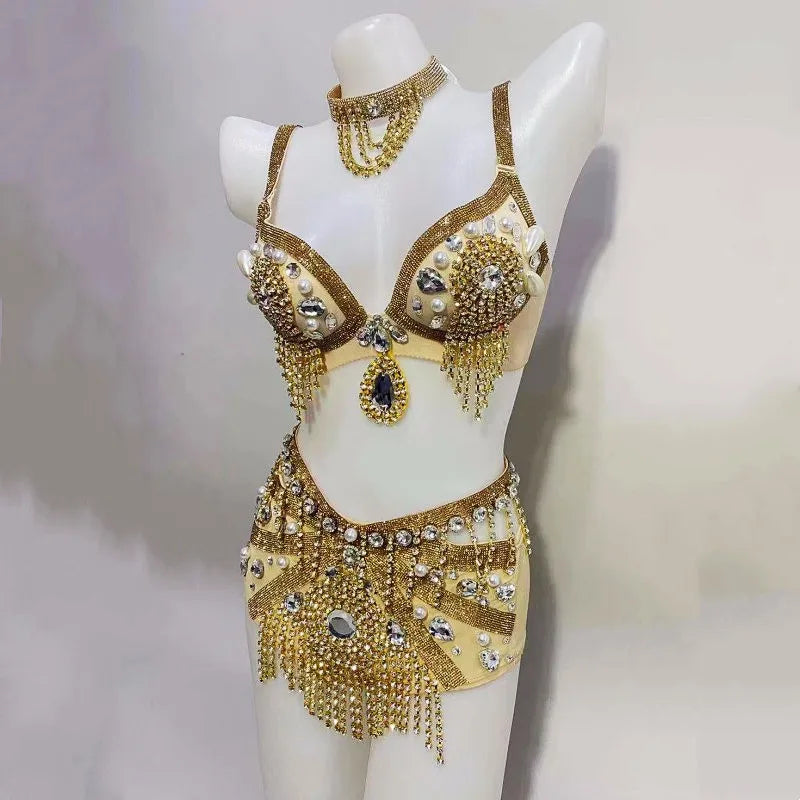 Gold Rhinestone Belly Dance Bikini Costume for Women