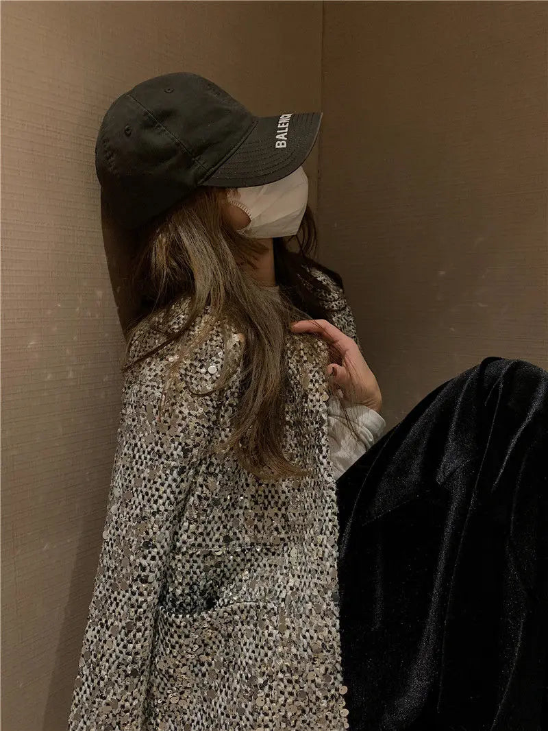 Elegant Sequined Tweed Button-Front Jacket for Women