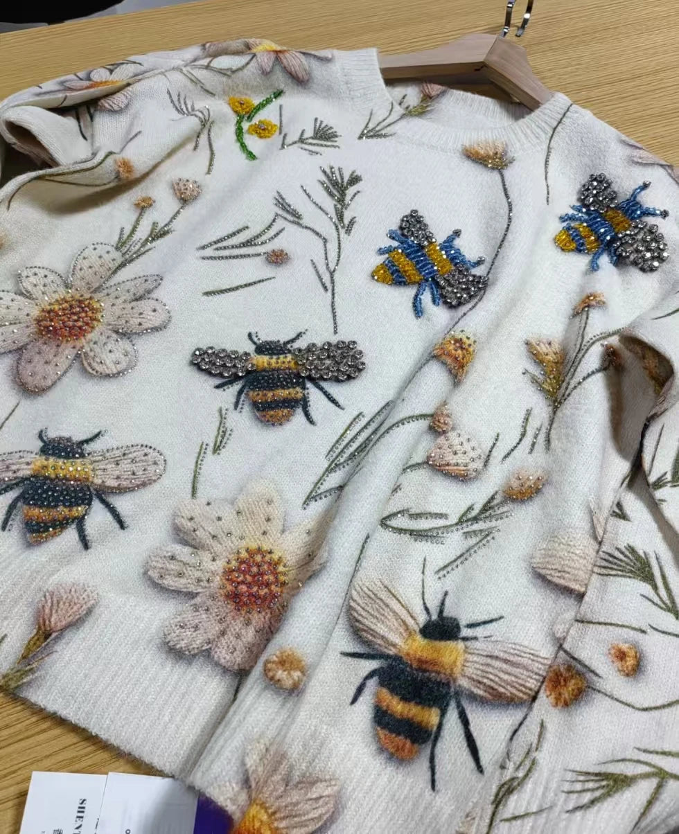 Real Photos Sparkling Crystal Stones Stitch Sweater for Women Autumn/Winter New Knit Outwears Knitwear Pullovers Femme Clothes