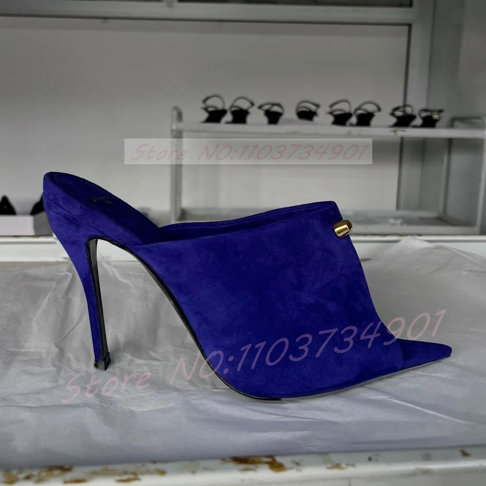 Red Suede Pointed Toe Rivet High Heel Mules for Women