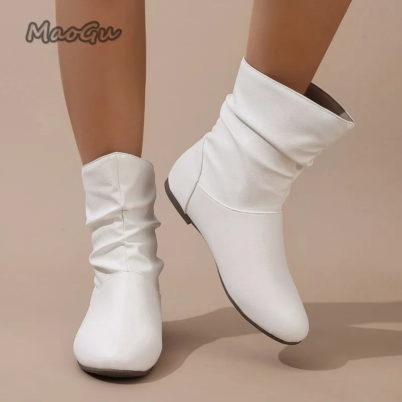 Modern Pleated Leather Square Heel Boots For Women