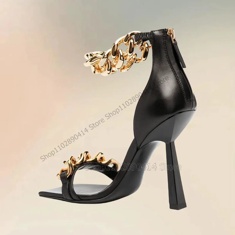 Snakeskin Print Gold Chain Decor Open Toe Sandals for Women
