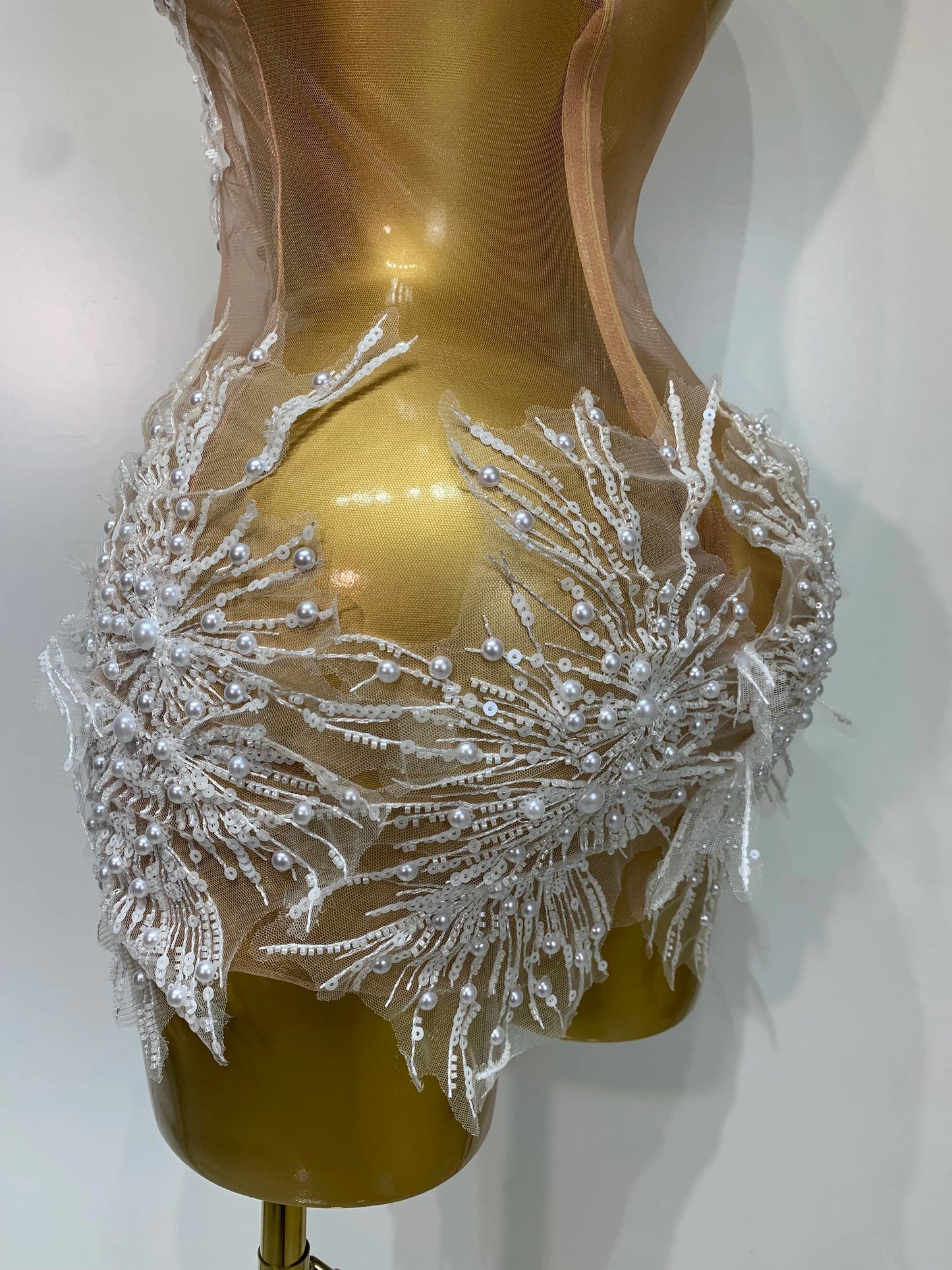 Women Sexy Mesh See Through Pearl Lace Party Mini Dress Celebrate Birthday Photo Shoot Wear Performance Stage Costume