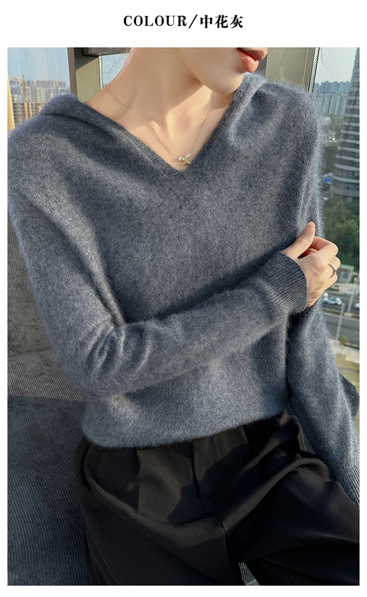 Loose Fit Thick Knit Hooded V-Neck Sweater for Women