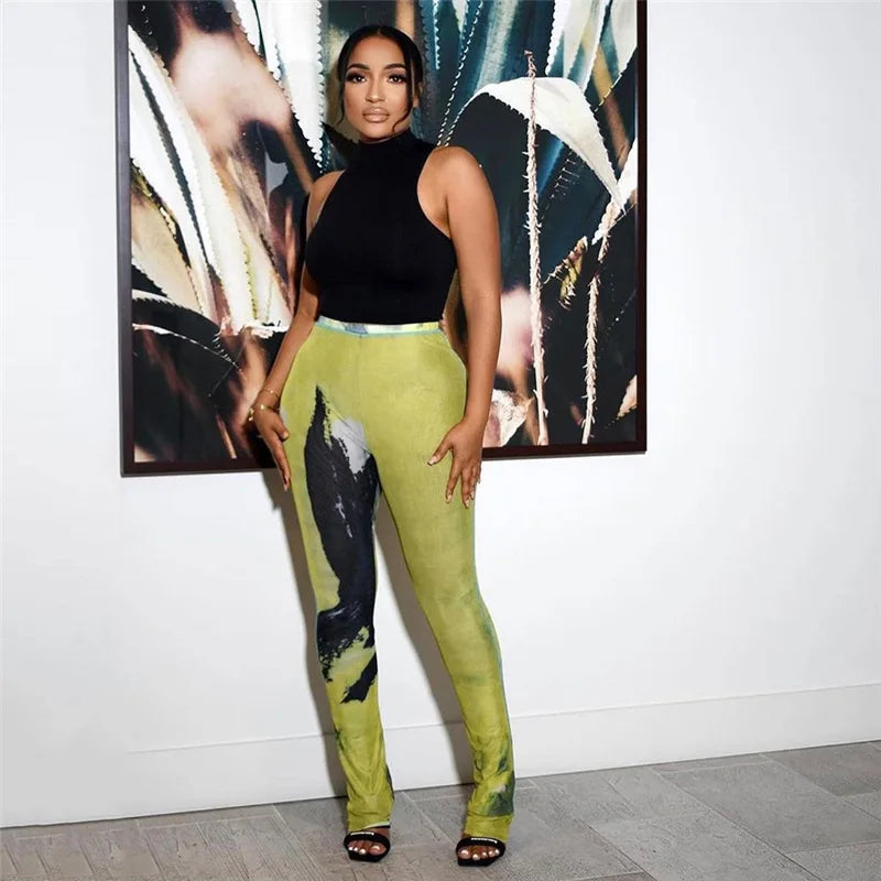 FAGADOER Y2k Sexy Tie Dye Printting Woman 2 Piece Set Outfit Halter Bandage Patchwork Crop Top and Flare Pants Female Streetwear