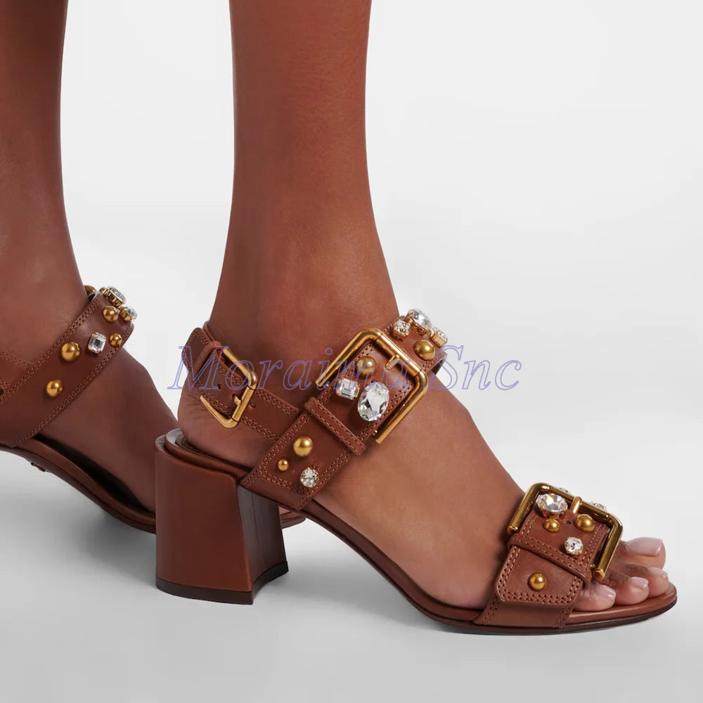 Crystal Embellished Gold Buckle Chunky Heel Sandals For Women