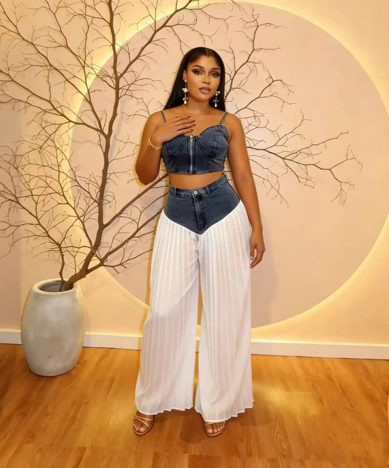 Casual Patchwork Wide Leg Denim Tracksuit Set for Women