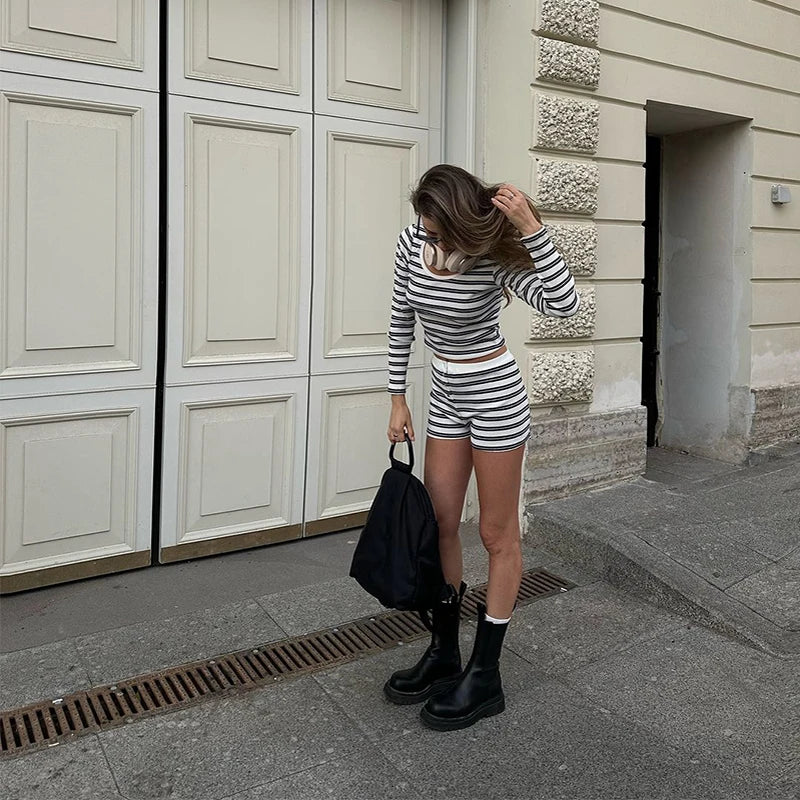 Striped Knit Top and Shorts Set with Button O Neck for Women