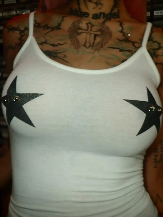 Y2k E-girl Summer Sexy Star Print Street Fashion Vest Women's Lace Up Punk Round Neck Spicy Girl Vest Top
