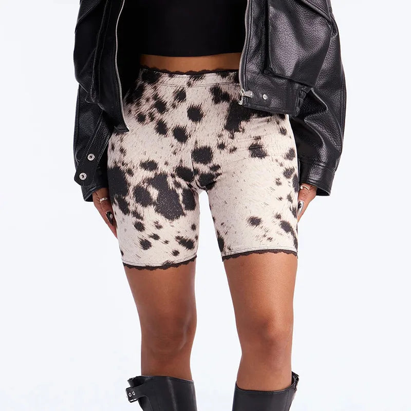 Polka Dot Lace Edge Stretchy Moto Biker Shorts for Women