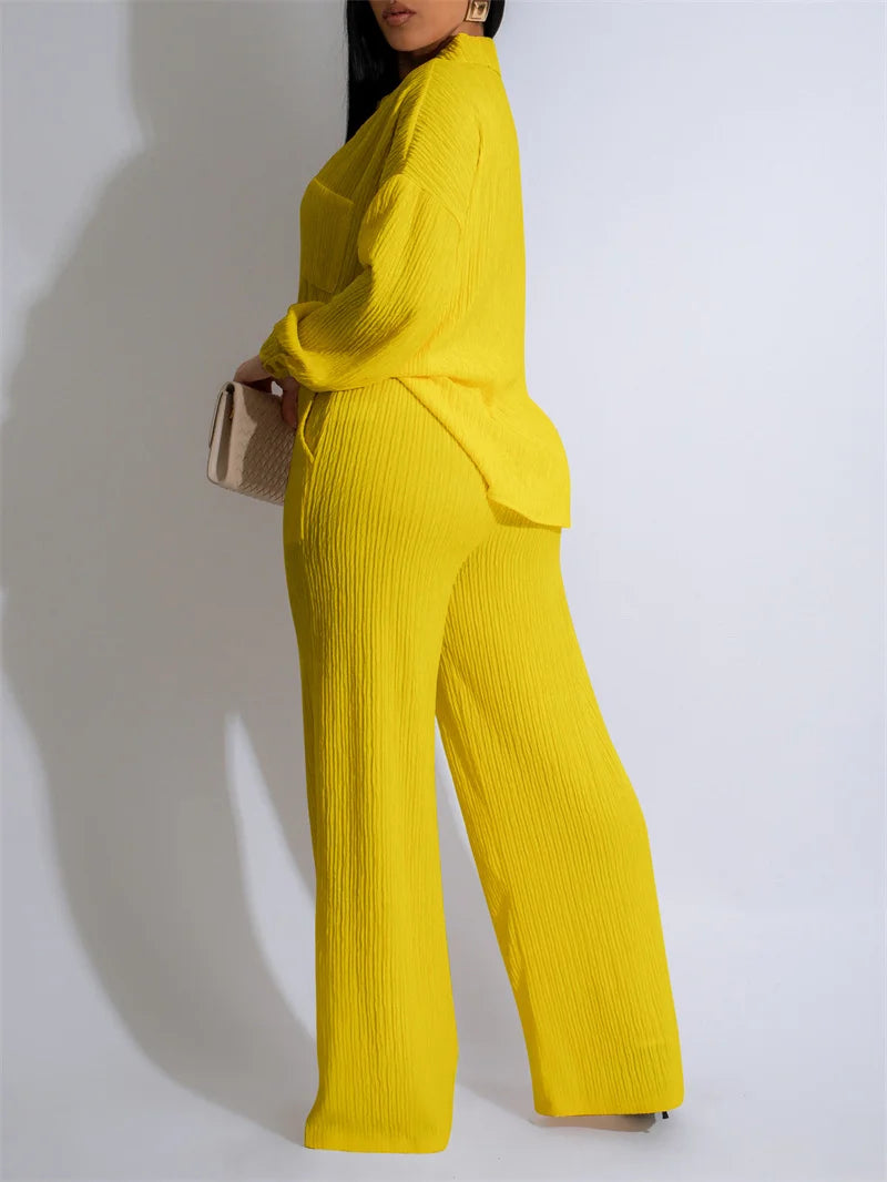Doyerl Solid Casual Loungewear Sets Woman Two Piece Outfit Loose Fit Long Sleeve Shirt Top and Wide Leg Pants Matching Sets