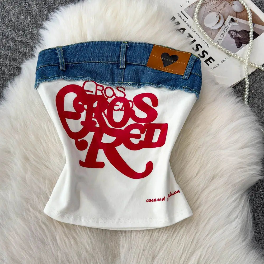 Spicy girl letter embroidered strapless top sexy women's summer retro denim patchwork slim fit camisole vest for street wear
