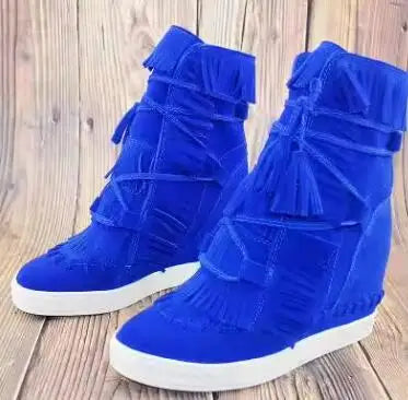 Girls Beige Black Gray Pink Suede Genuine Leather Round Toe Tassel Fringed 8 CM Height Increasing Wedges Sneakers Ankle Boots