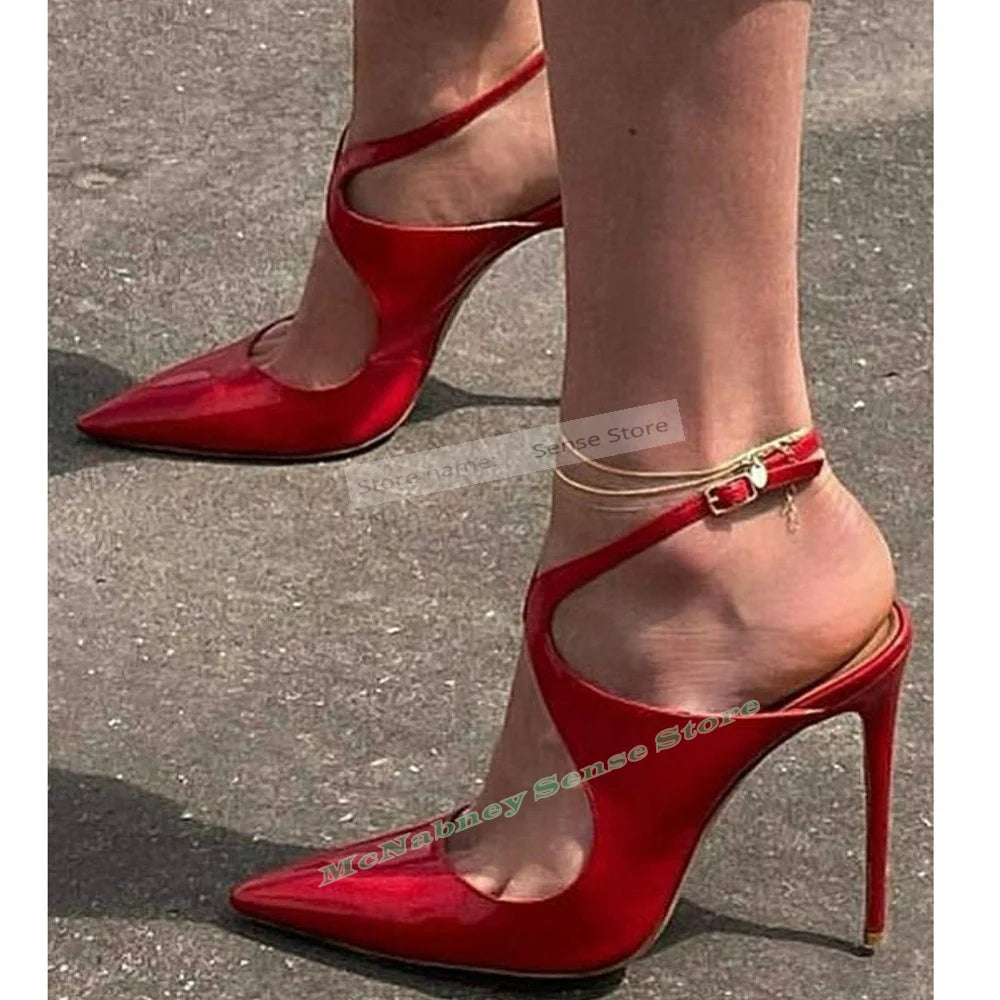 Red Pointed Toe Sandals With Buckle And Ankle Strap For Women