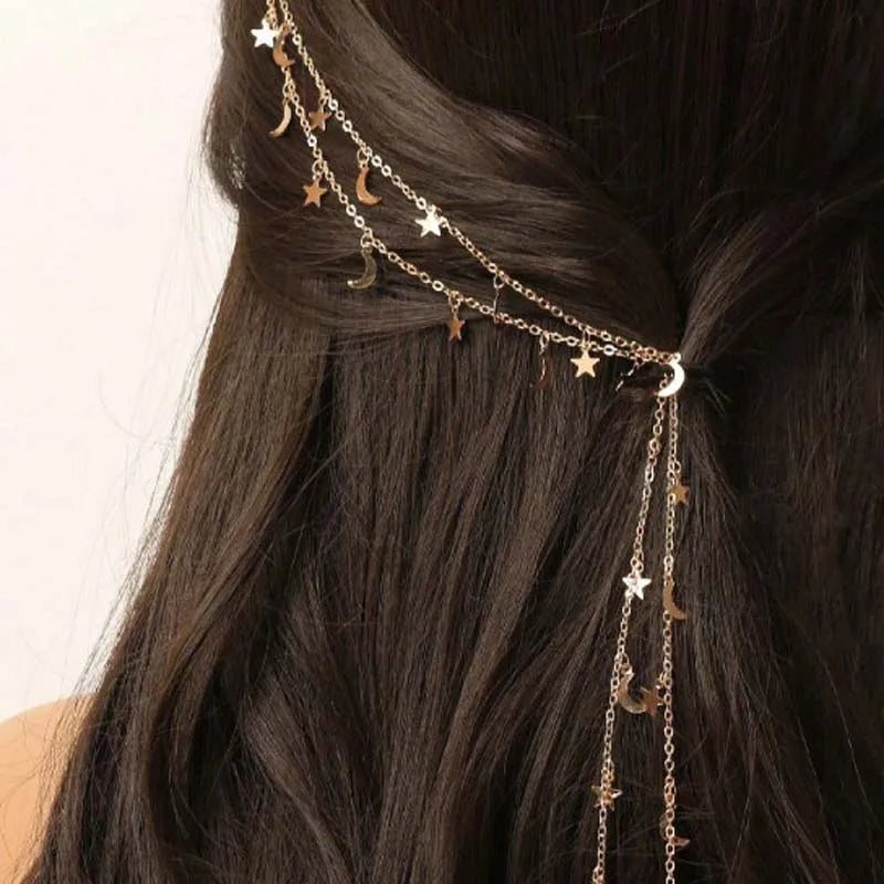 Gold Celestial Tassel Chain Hair Clip
