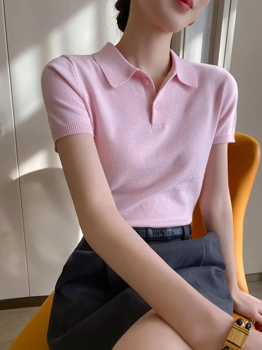 Casual Slim Fit Pink Breathable Knit Polo Top For Women