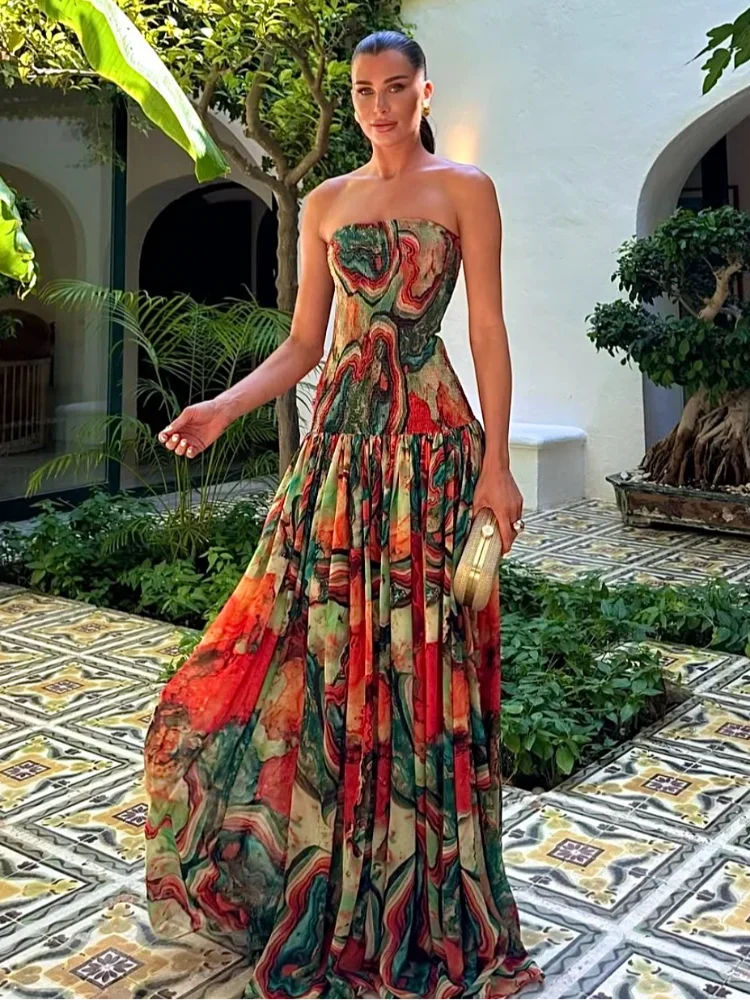 Strapless Pleated Waist Printed Cocktail Dress For Women