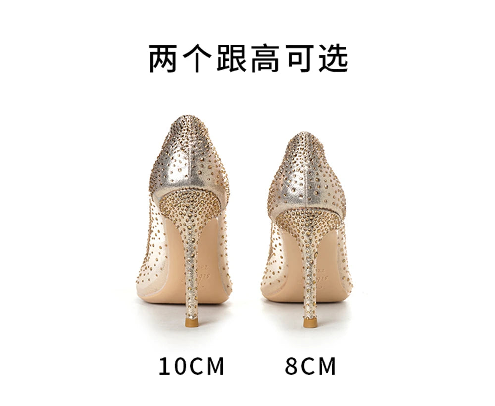 Rhinestone Mesh Pointed Toe Thin High Heels for Women