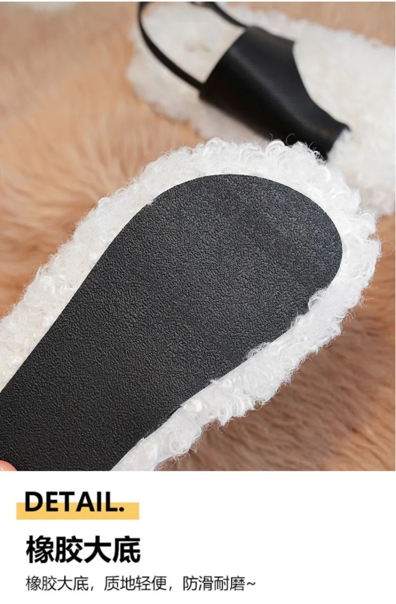 Cozy Plush Buckle Strap Flat Toe Slippers for Women