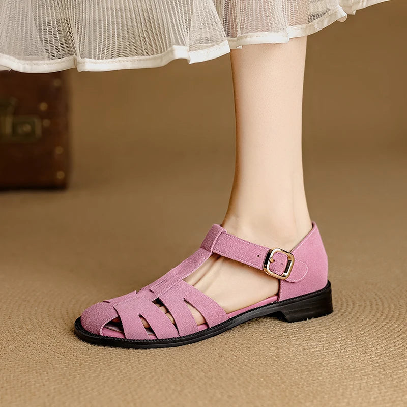 Retro Cowsuede Buckle Strap Closed Toe Sandals for Women