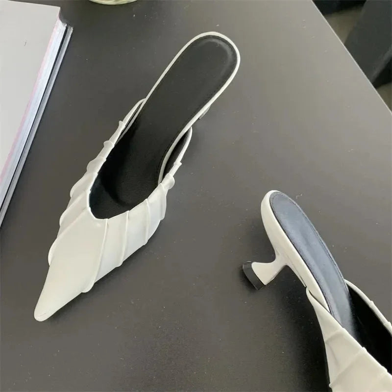 Casual Pleated Thin Heel Cushioned Slides for Women