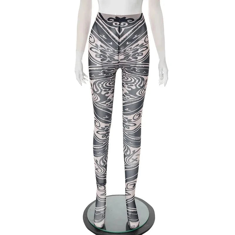 Joskaa 2025 Women's Abstract Print Two Piece Set Sexy Round Neck Long Sleeve Bodysuit + Skinny Pants Matching Y2K Streetwear