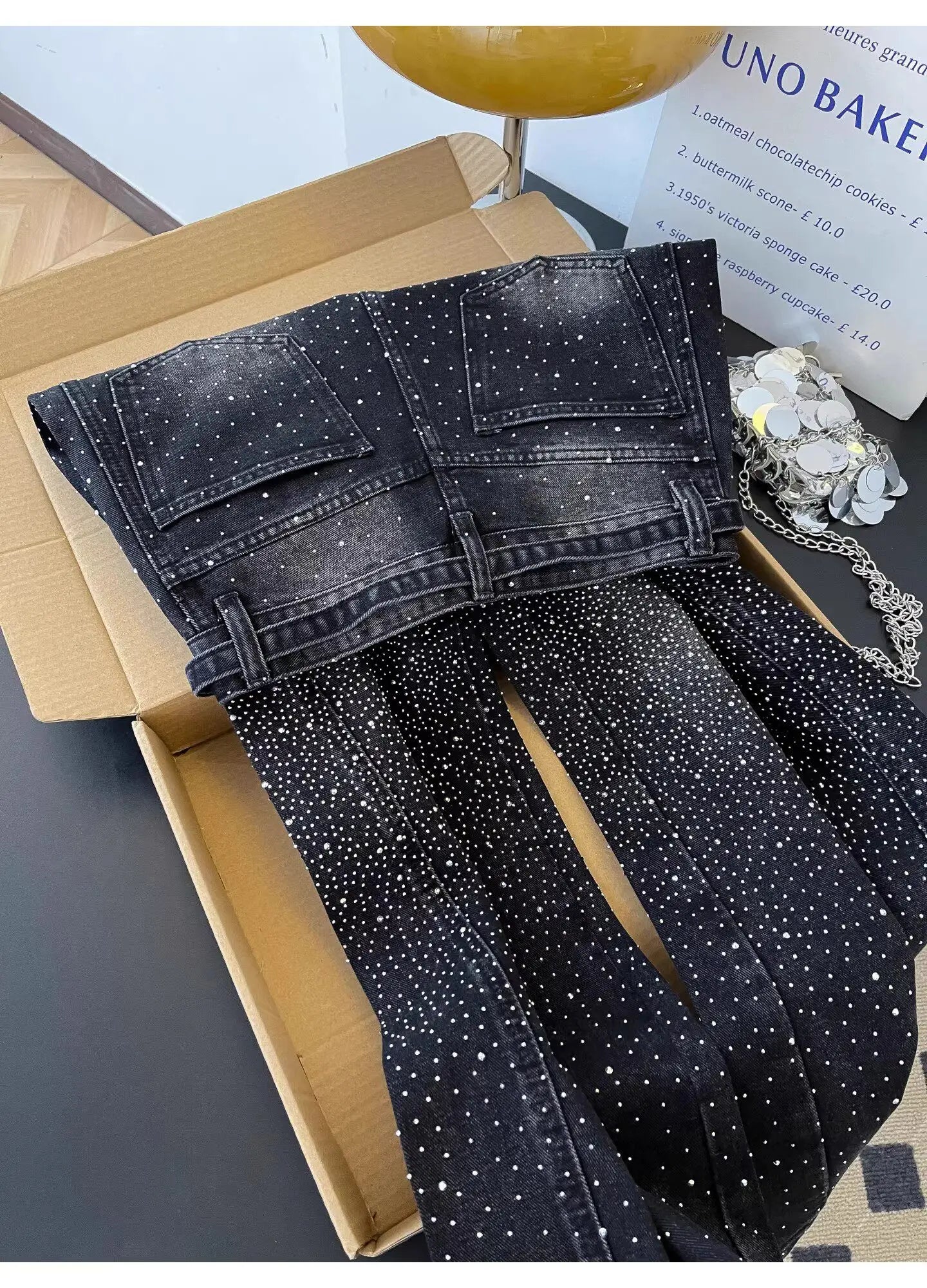 Glittering Rhinestone Wide Leg Denim Pants for Women
